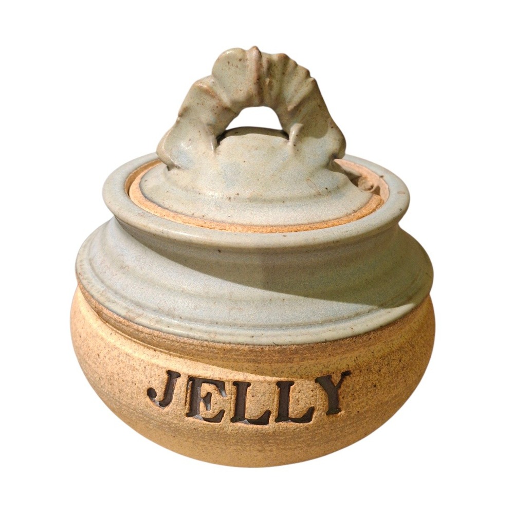 Handmade Ceramic Jelly Jar with Lid Light Blue Tan Lettering